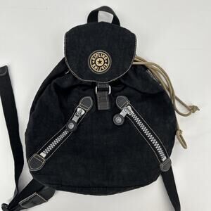 Vintage Kipling Backpack Small Black Nylon Drawstring 90s Y2K